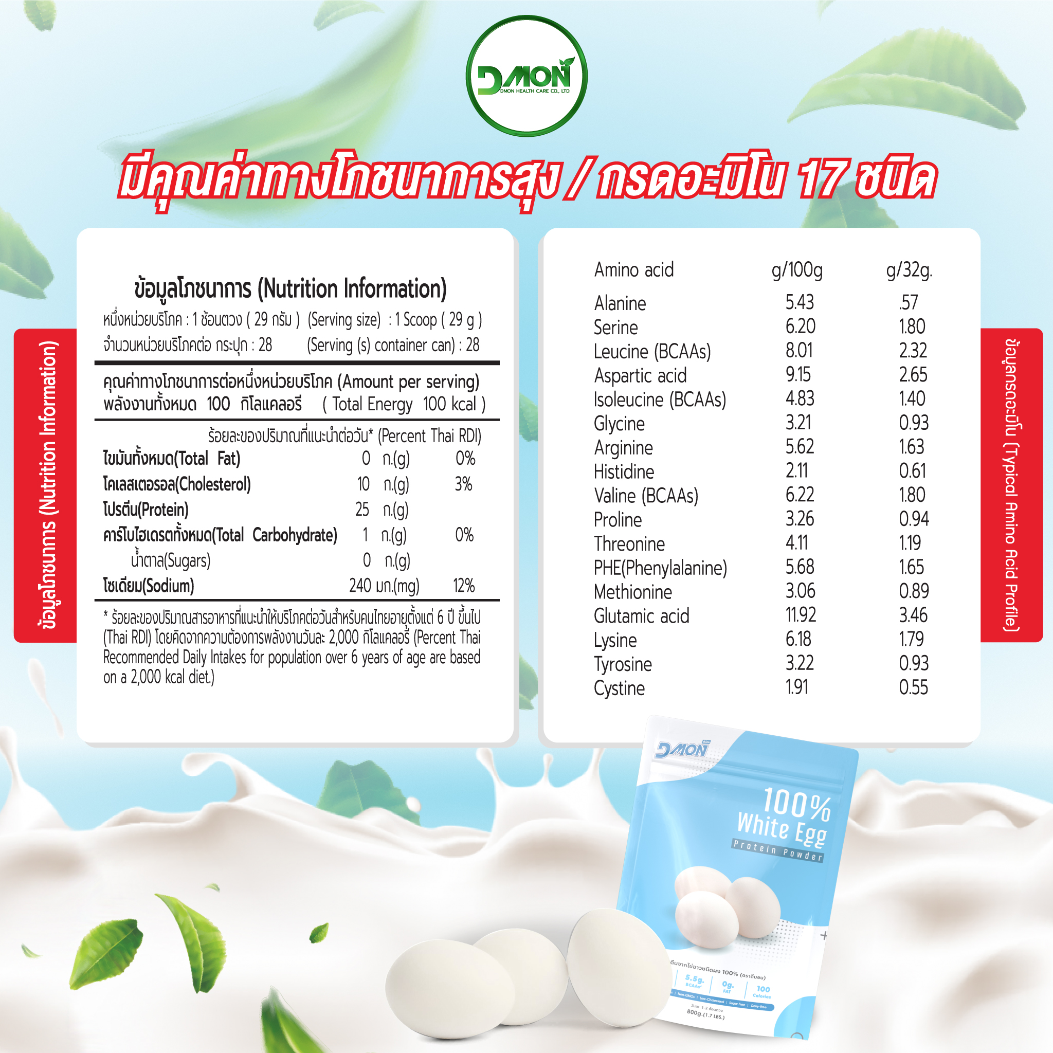 Dmon-ดีม่อน-โปรตีนไข่ขาว-100%-800กรัม-โภชนาการ